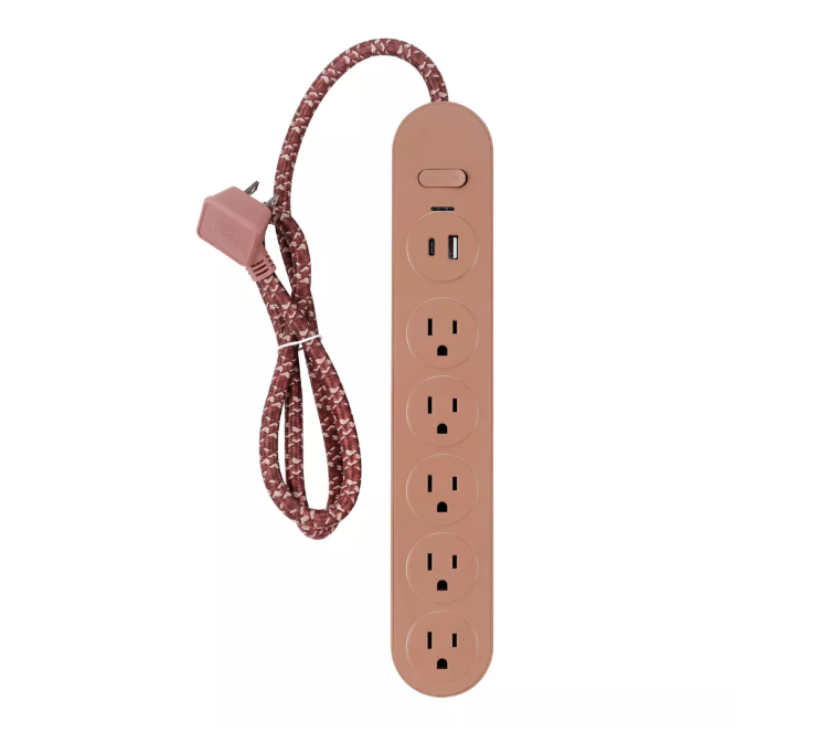 Compact 5-Outlet Surge Protector Strip with Built-In USB Charging and Integrated On/Off Switch